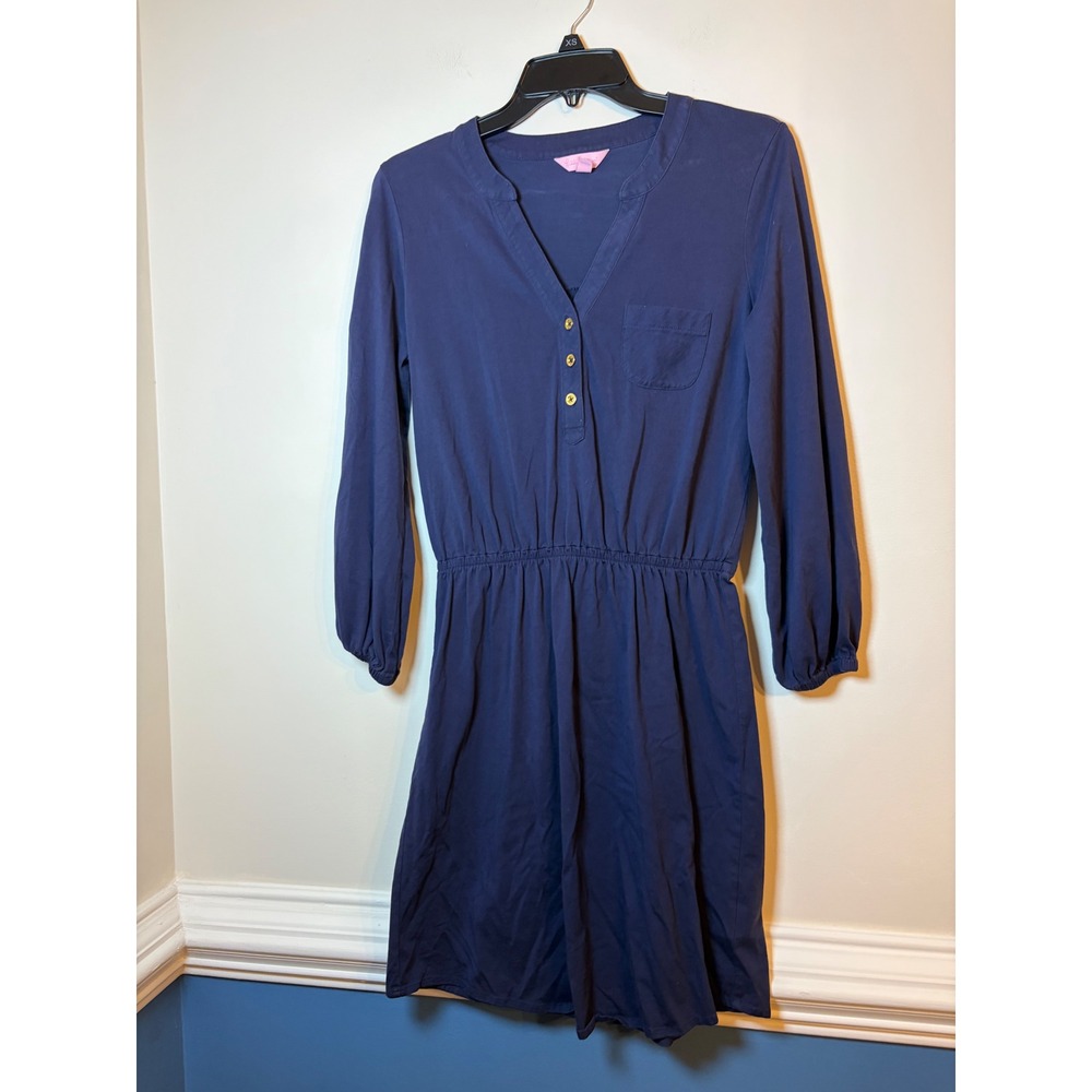 Lilly Pulitzer Dress S Navy Blue Pima Cotton Gold Button Henley Long Sleeve